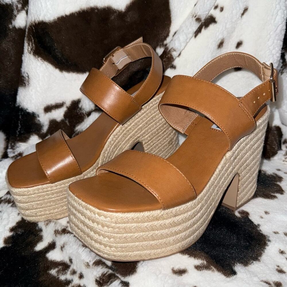 Steve Madden York Platform Woven Sandals Cognac Brown YORK01S1 Size 9 NEW